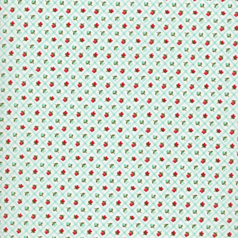 A white fabric with aqua and red rosettes framed by a aqua lattice. 