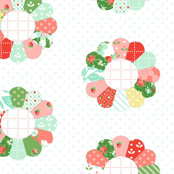 A white fabric with a half drop pattern of Dresden florals. 