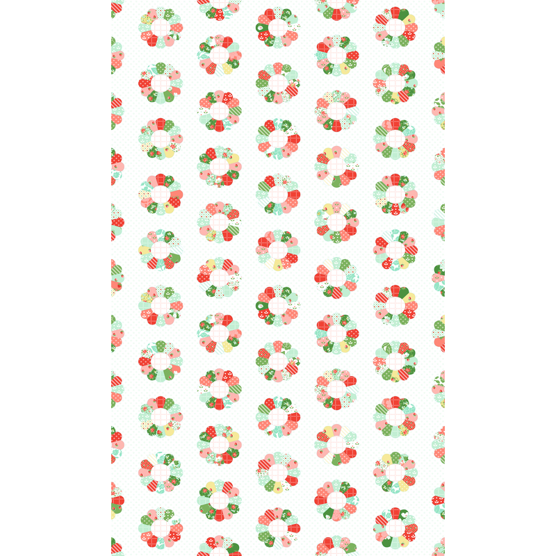 A white fabric with a cheater pattern of Dresden florals. 