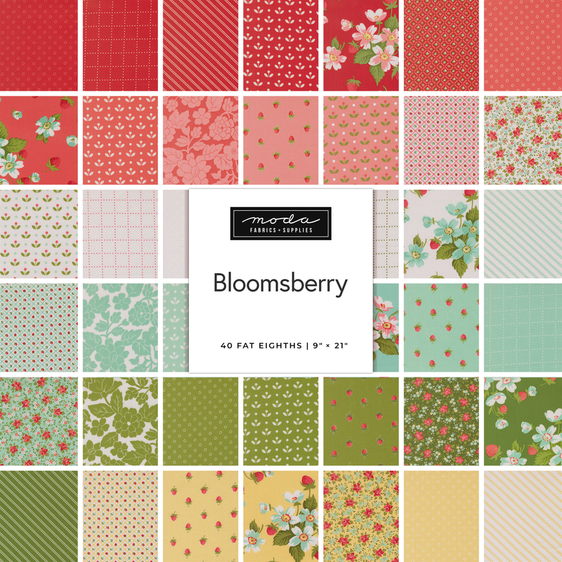 A fabric collage featuring strawberry springtime fabrics from the Bloomsberry collection by Moda.