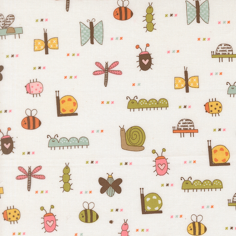 A white fabric swatch featuring story book illustrations of bugs and multicolored cross hatch symbols.