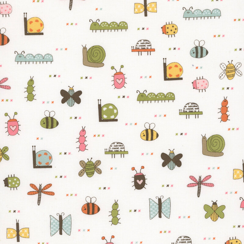 A white fabric swatch featuring story book illustrations of bugs and multicolored cross hatch symbols.