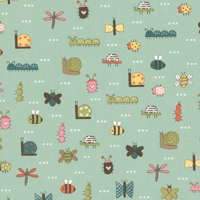 A juniper green fabric swatch featuring story book illustrations of bugs and white cross hatch symbols.