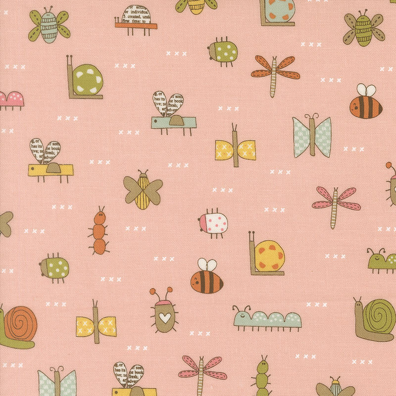 A peach fabric swatch featuring story book illustrations of bugs and white cross hatch symbols.
