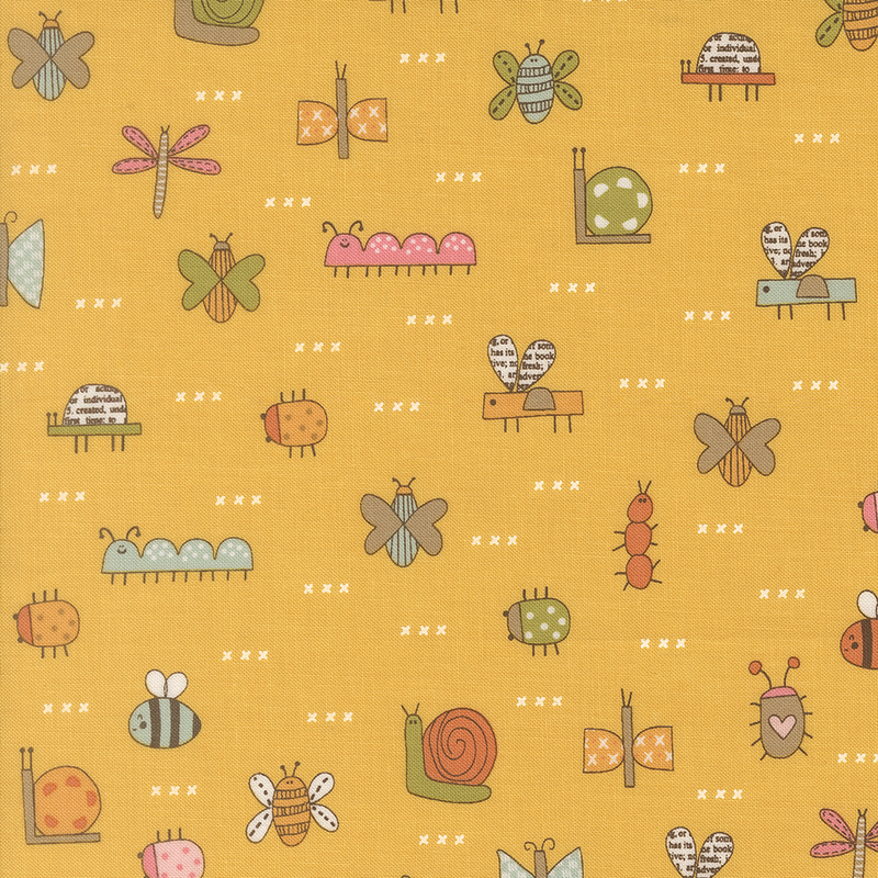A mango hued fabric swatch featuring story book illustrations of bugs and white cross hatch symbols.