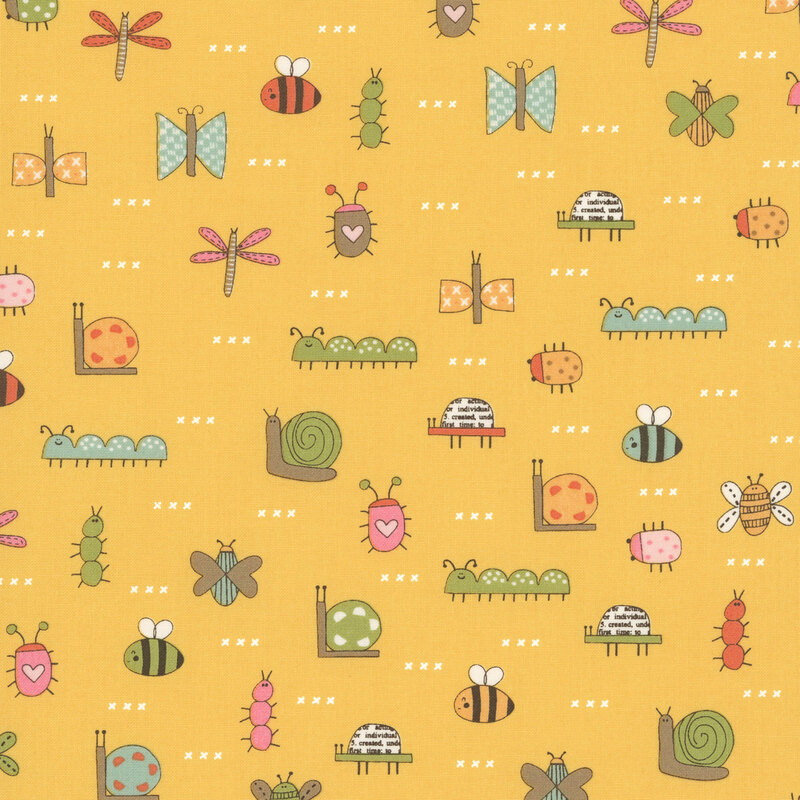 A mango hued fabric swatch featuring story book illustrations of bugs and white cross hatch symbols.