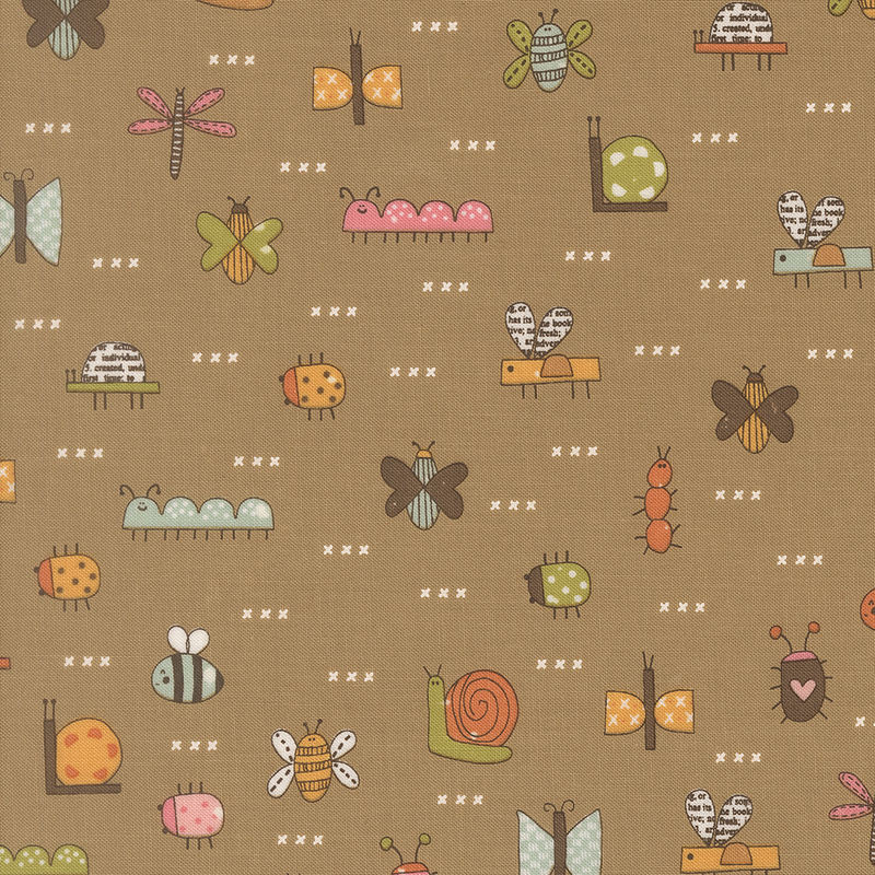 A light brown fabric swatch featuring story book illustrations of bugs and white cross hatch symbols.