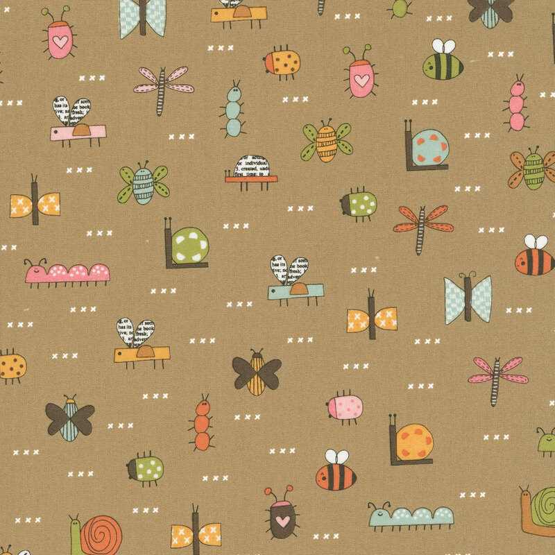 A light brown fabric swatch featuring story book illustrations of bugs and white cross hatch symbols.