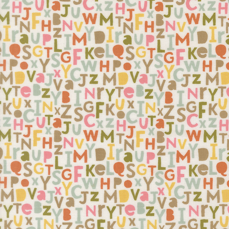 An cloud fabric swatch featuring multicolored alphabet letters.