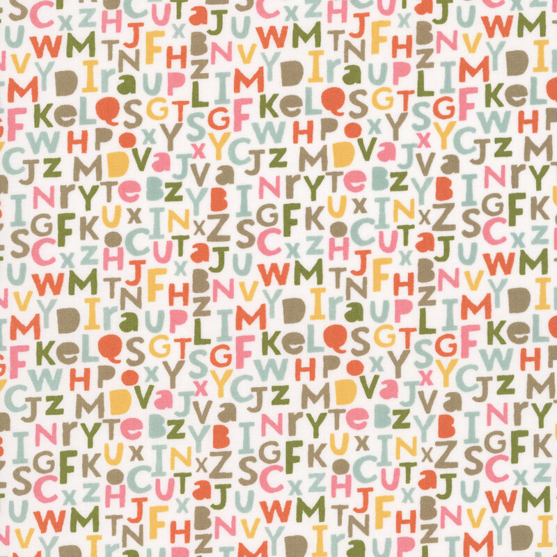 An cloud fabric swatch featuring multicolored alphabet letters.