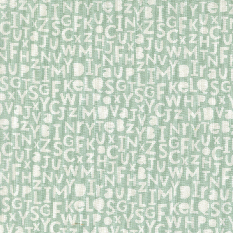 An aqua fabric swatch featuring white alphabet letters.