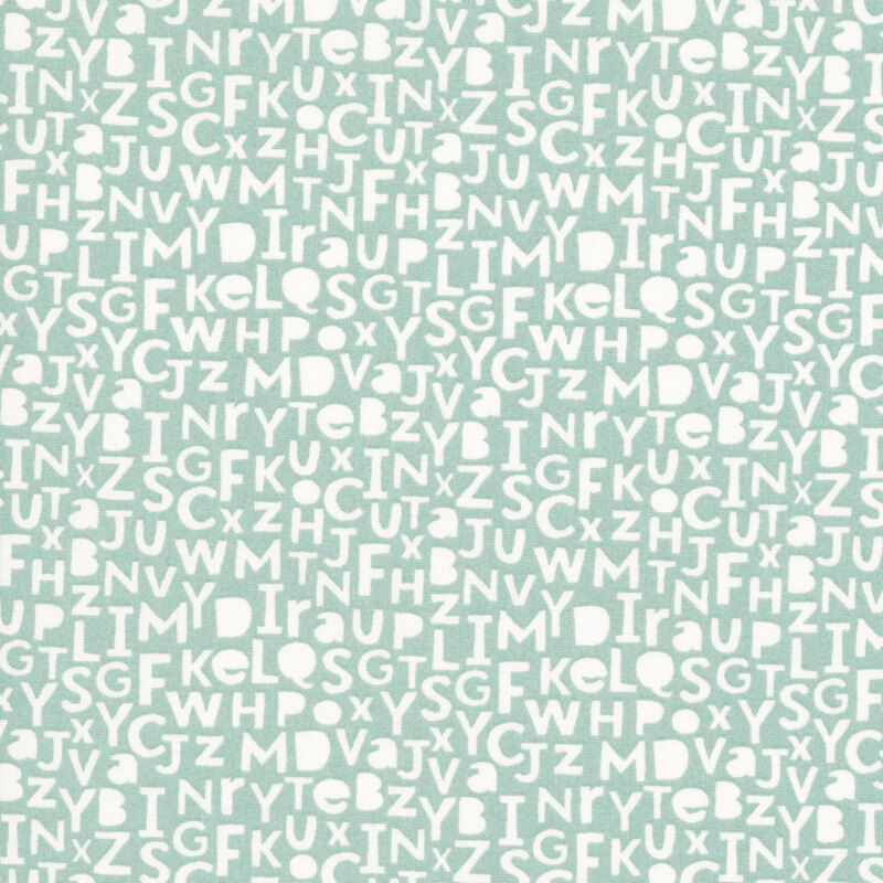 An aqua fabric swatch featuring white alphabet letters.