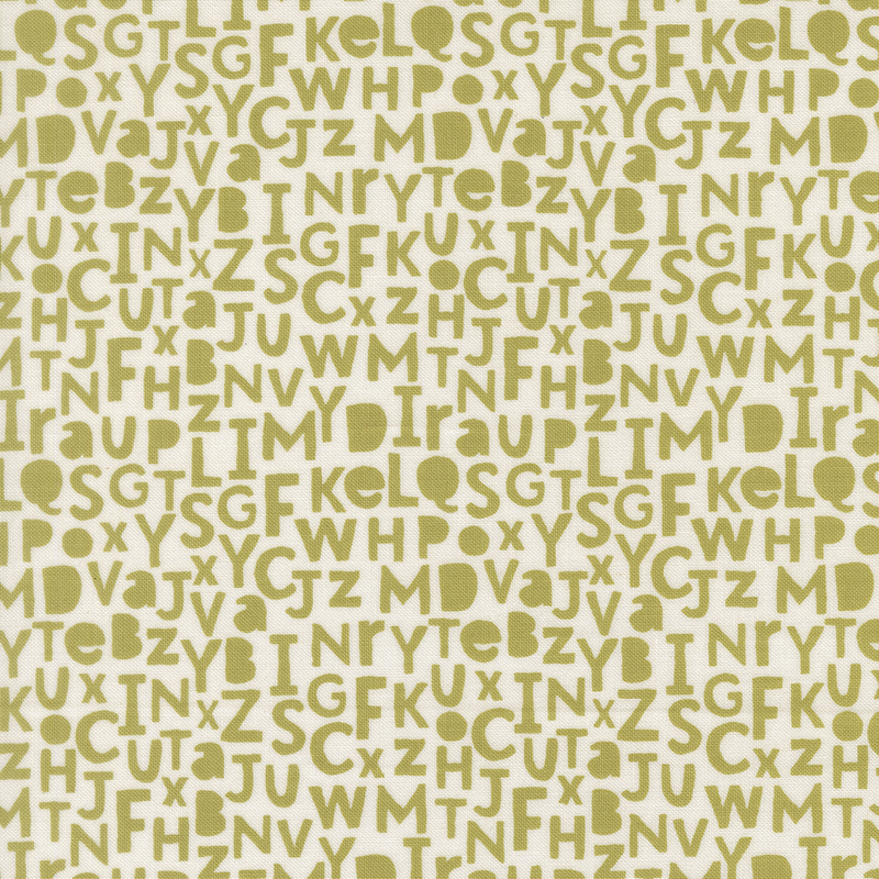 An off white fabric swatch featuring olive alphabet letters.