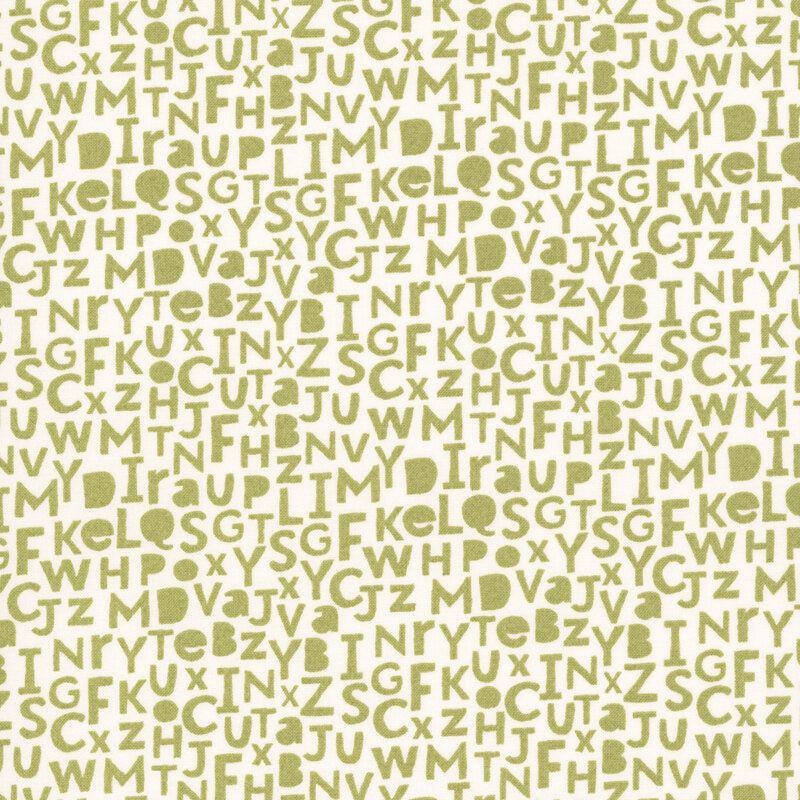 An off white fabric swatch featuring olive alphabet letters.