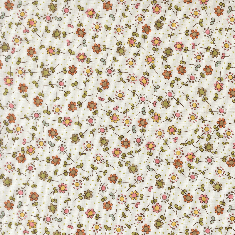 A cloud fabric swatch featuring a tossed pattern of illustrated flowers in hues of green, pink, red, and yellow.
