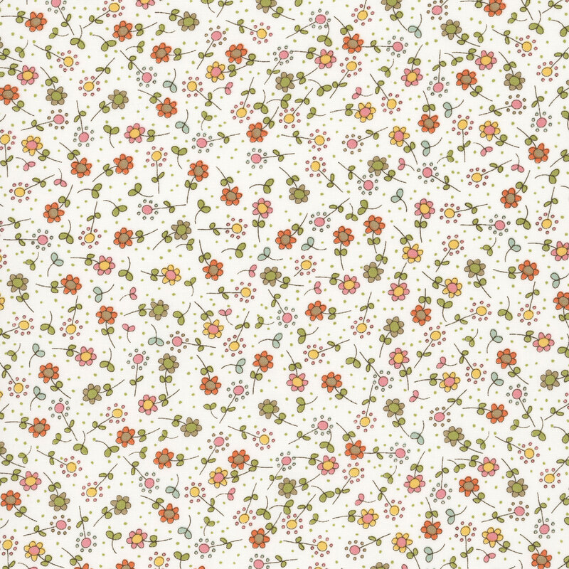 A cloud fabric swatch featuring a tossed pattern of illustrated flowers in hues of green, pink, red, and yellow.