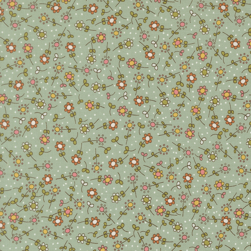 An aqua fabric swatch featuring a tossed pattern of illustrated flowers in hues of green, pink, red, and yellow.
