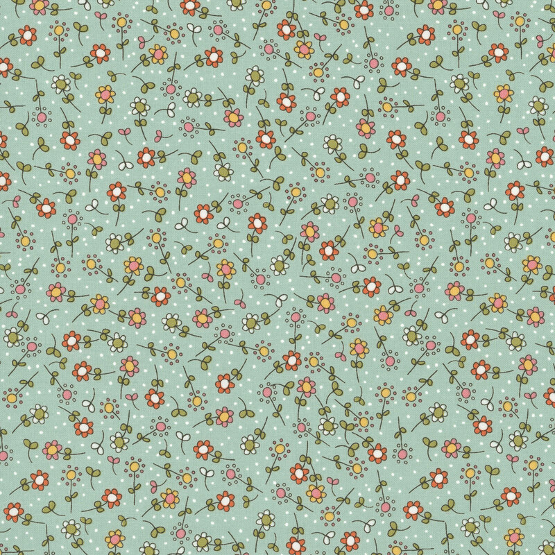 An aqua fabric swatch featuring a tossed pattern of illustrated flowers in hues of green, pink, red, and yellow.