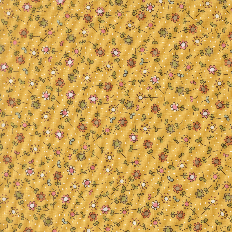 A gold fabric swatch featuring a tossed pattern of illustrated flowers in hues of green, pink, red, and yellow.