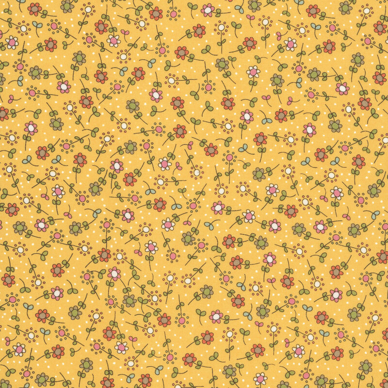 A gold fabric swatch featuring a tossed pattern of illustrated flowers in hues of green, pink, red, and yellow.