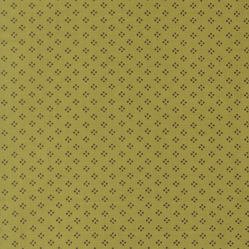 An olive green fabric featuring a dotted geometric pattern in brown.