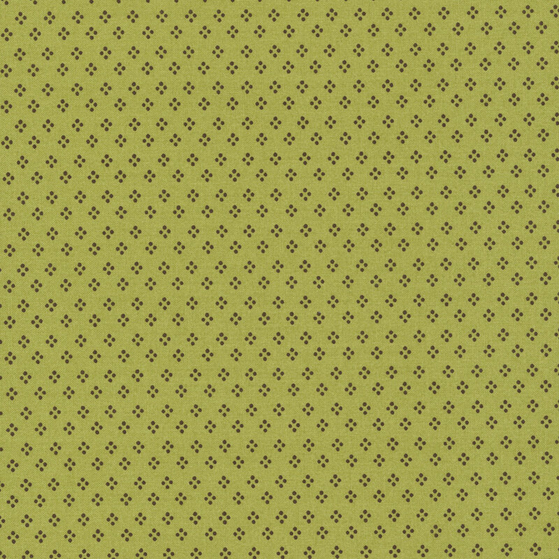 An olive green fabric featuring a dotted geometric pattern in brown.
