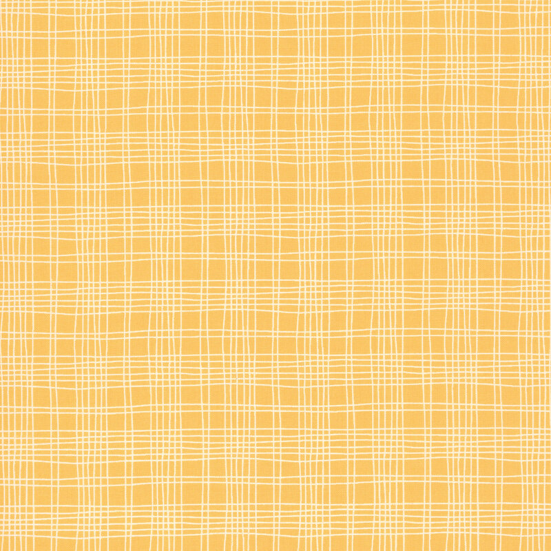 A ocher fabric swatch featuring a free handed plaid pattern in white.
