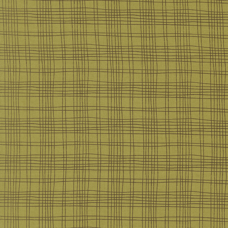 An olive fabric swatch featuring a free handed plaid pattern in brown.