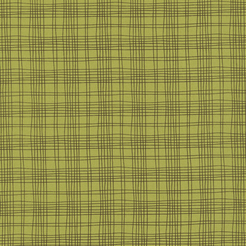 An olive fabric swatch featuring a free handed plaid pattern in brown.
