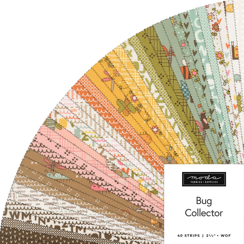 A fanned collage of Bug Collector fabrics featuring a mix of bug and lettered fabrics in hues of brown, pink, yellow, and blue.