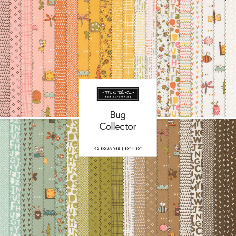 A collage of fabrics from the Bug Collector collection in hues of pink, yellow, brown, green, and blue.