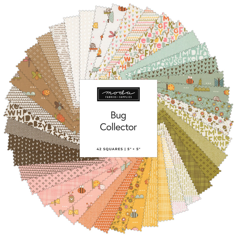A spiral fabric collage featuring a mix of bug and lettered fabrics from the Bug Collector collection by Moda.