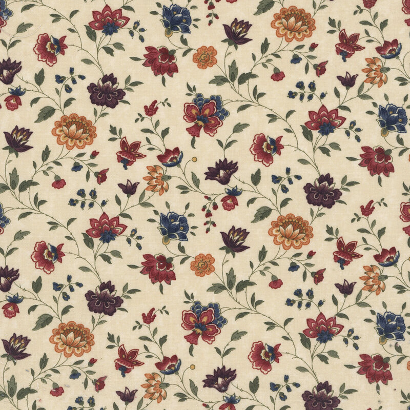 Mottled beige fabric featuring farmhouse florals in red, orange, purple, and blue.