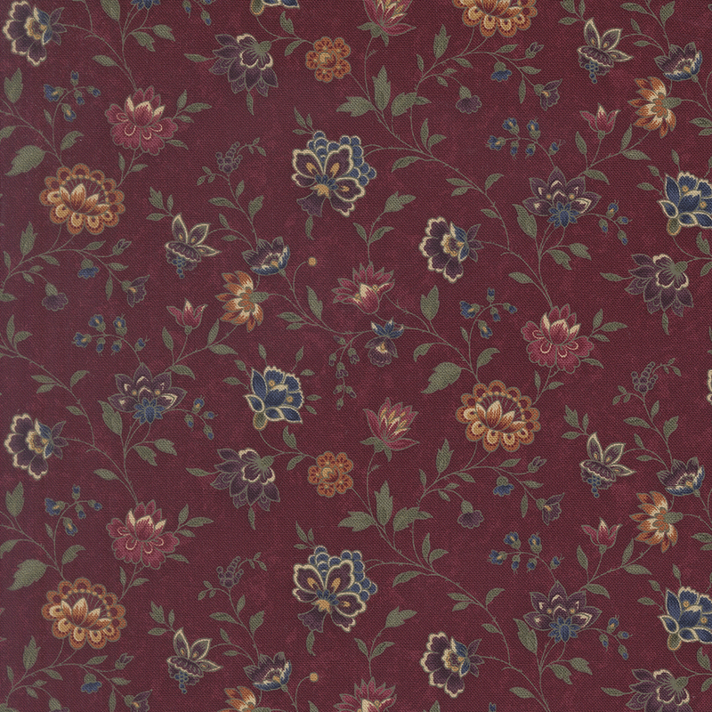 Mottled black cherry fabric featuring farmhouse florals in red, orange, purple, and blue.