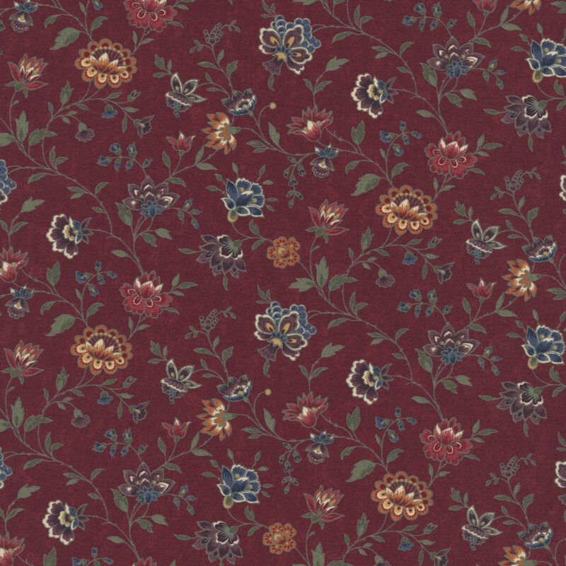 Mottled black cherry fabric featuring farmhouse florals in red, orange, purple, and blue.
