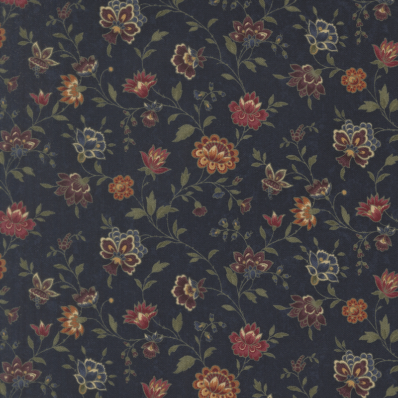 Dark navy mottled fabric featuring farmhouse florals in red, orange, purple, and blue.