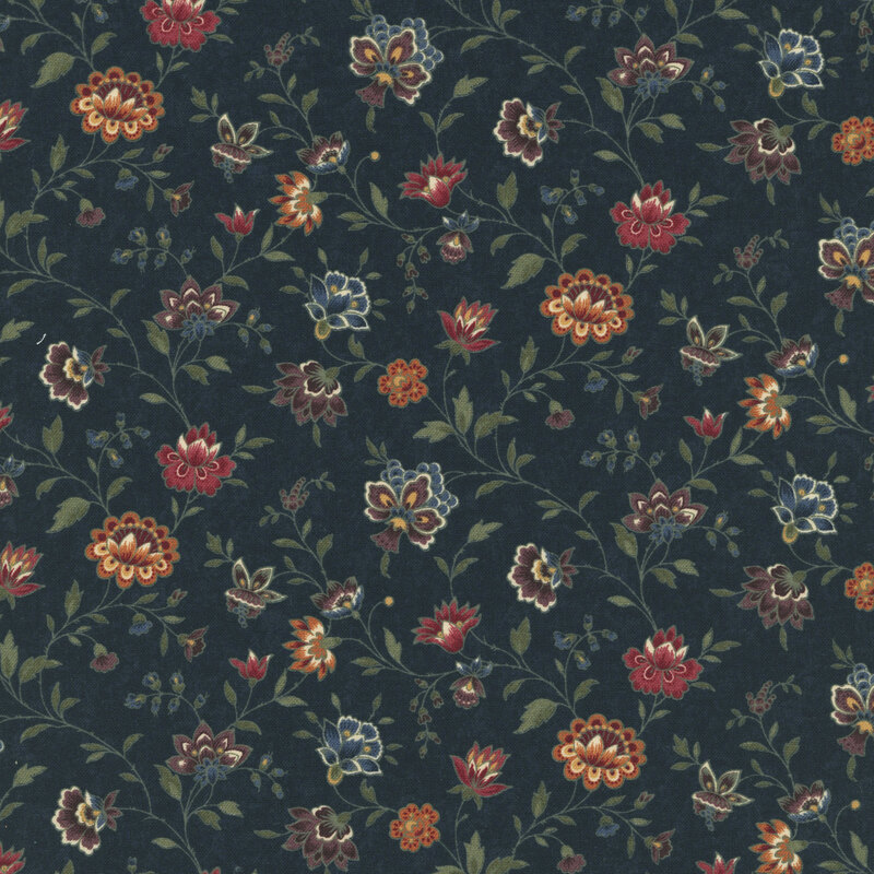 Dark navy mottled fabric featuring farmhouse florals in red, orange, purple, and blue.