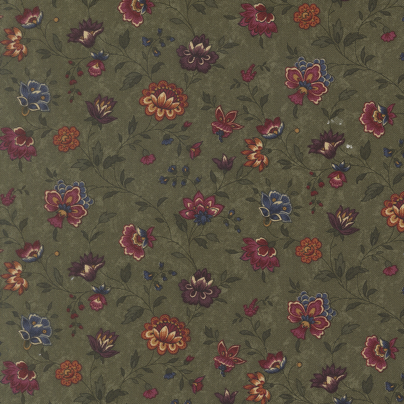 Mottled dark olive fabric featuring farmhouse florals in red, orange, purple, and blue.
