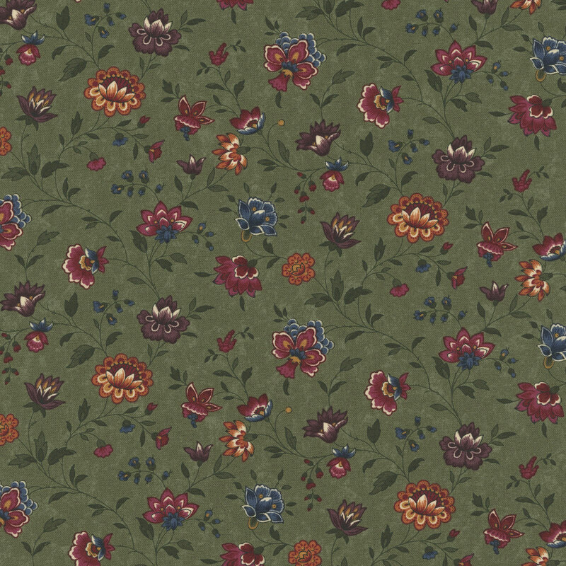 Mottled dark olive fabric featuring farmhouse florals in red, orange, purple, and blue.