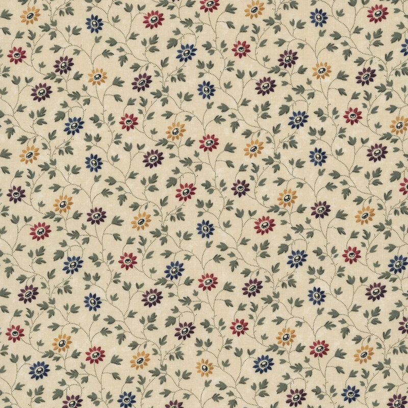 Sand fabric swatch featuring green vines and flowers in shades of yellow, blue, red, and purple.