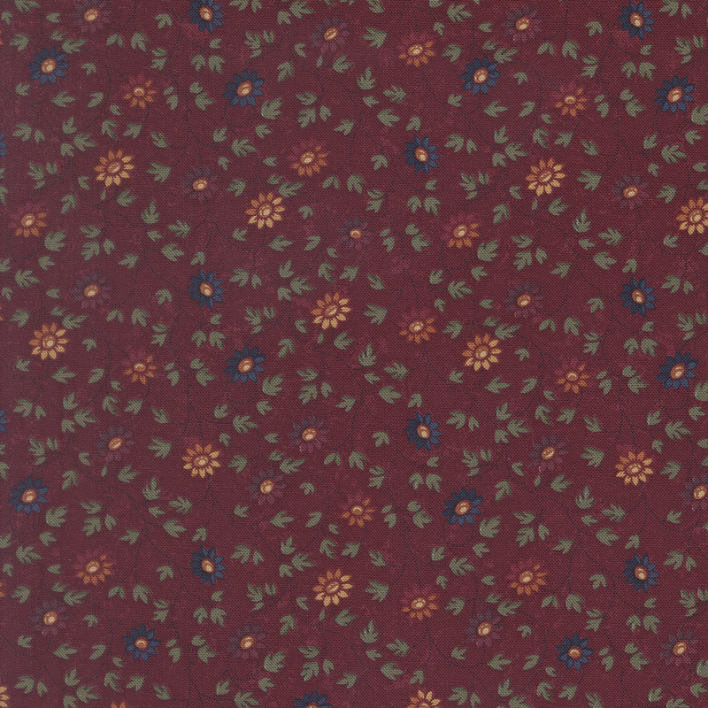 Black cherry fabric swatch featuring green vines and flowers in shades of yellow, blue, red, and purple.