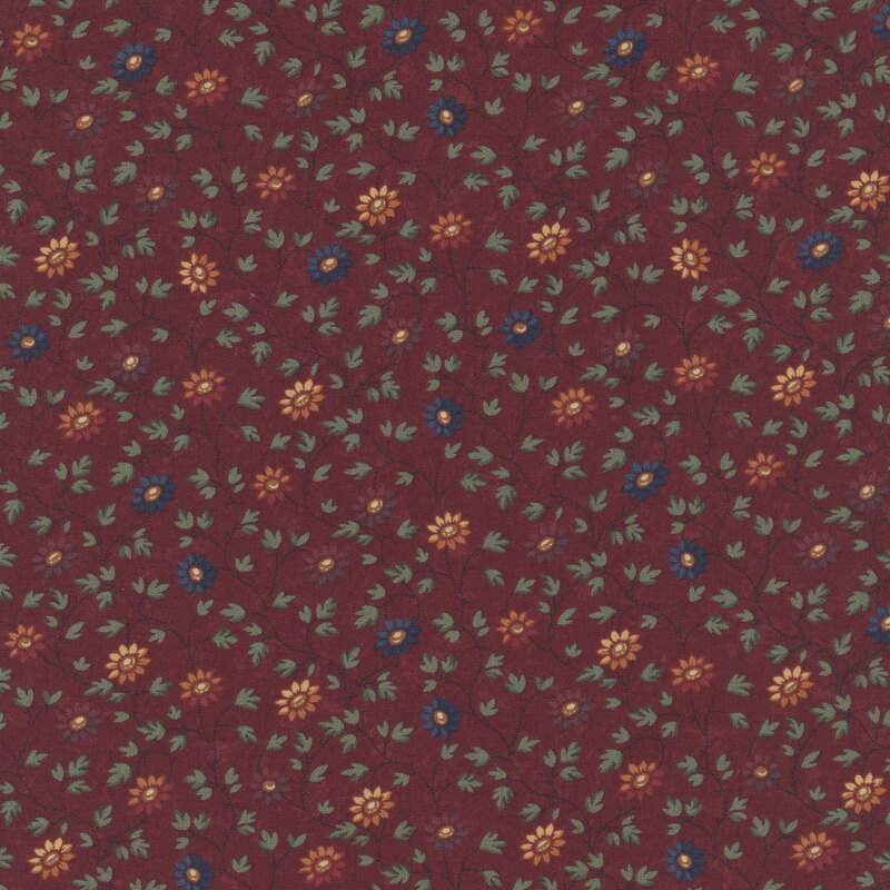 Black cherry fabric swatch featuring green vines and flowers in shades of yellow, blue, red, and purple.