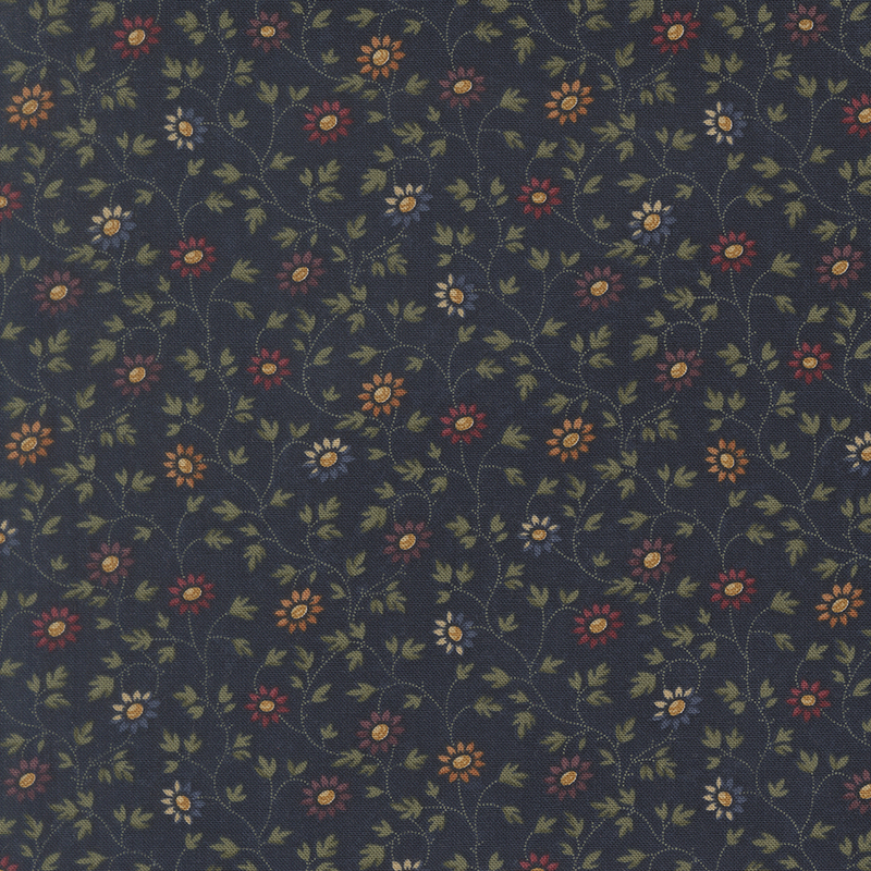 Dark navy fabric swatch featuring green vines and flowers in shades of yellow, blue, red, and purple.