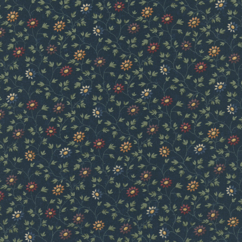 Dark navy fabric swatch featuring green vines and flowers in shades of yellow, blue, red, and purple.