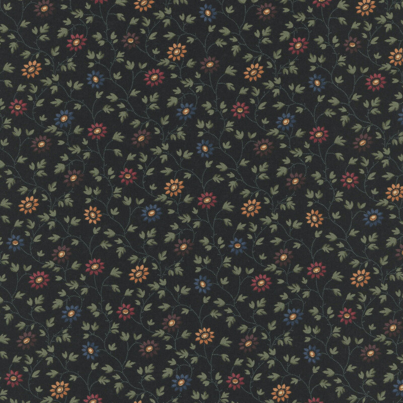 Soft black fabric swatch featuring green vines and flowers in shades of yellow, blue, red, and purple.