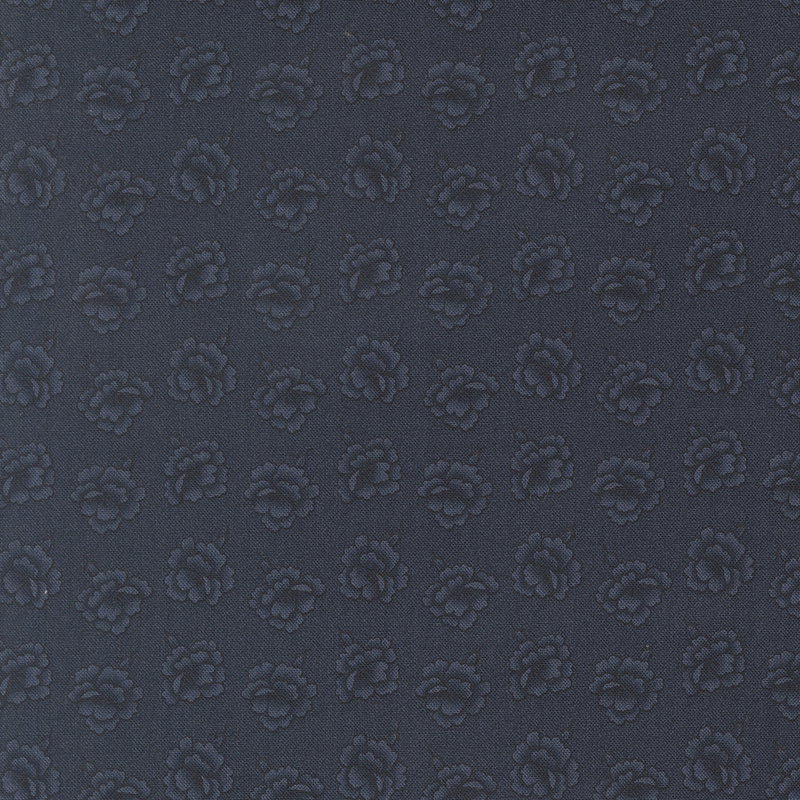 Dark gray blue swatch featuring a repeating tonal rose print