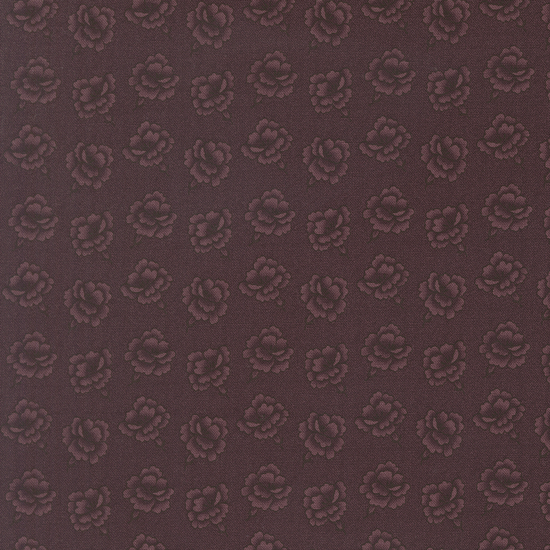 Dark mulberry fabric swatch featuring a repeating tonal rose print