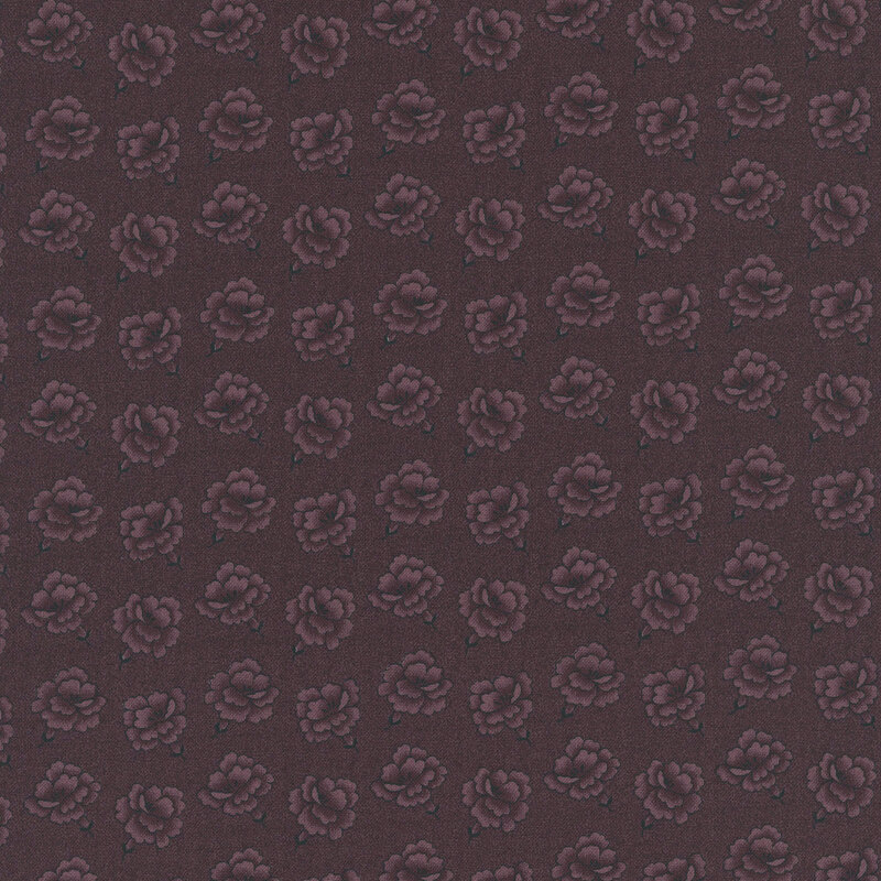 Dark mulberry fabric swatch featuring a repeating tonal rose print