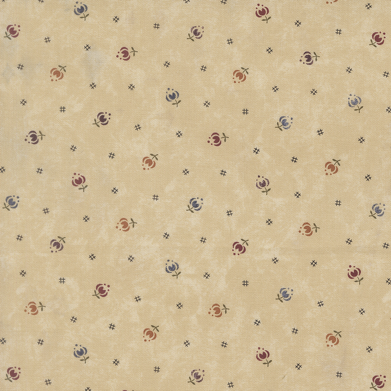 Mottled light sand fabric featuring stylized tulips in multiple colors and black cross-hatch symbols.