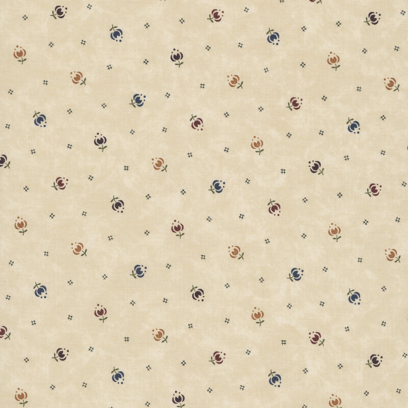 Mottled light sand fabric featuring stylized tulips in multiple colors and black cross-hatch symbols.